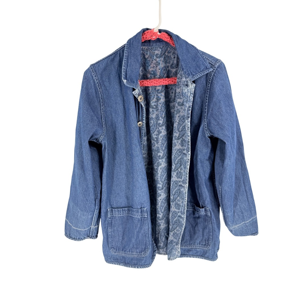 Krazy Kat Reversible Denim Jacket Blue Paisley Size S Boho Chore Coat Cotton - Picture 6 of 10
